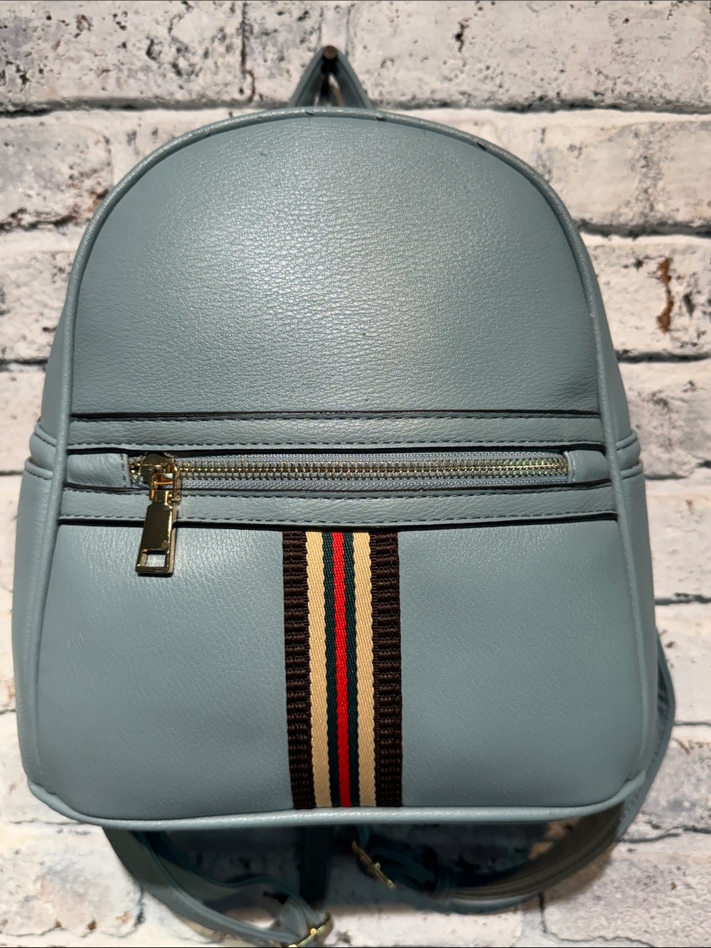 Poppi Vegan Leather Mini Backpack Pale Blue with Striped Accent